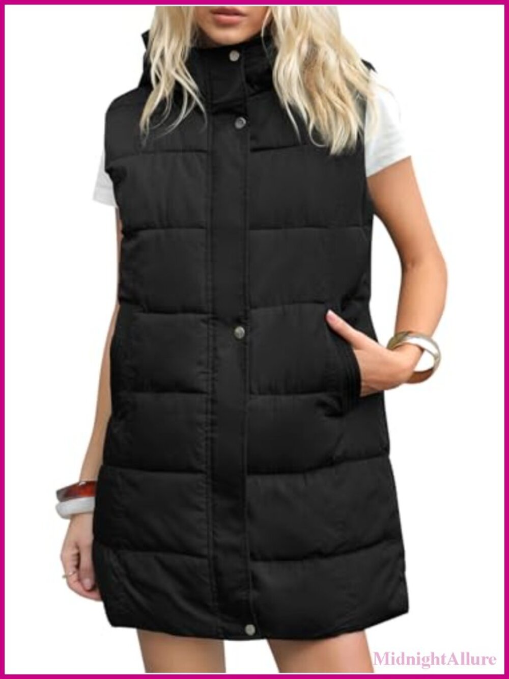 Women's Long Puffer Vest Quilted Hooded Sleeveless Zip Up Winter Jacket